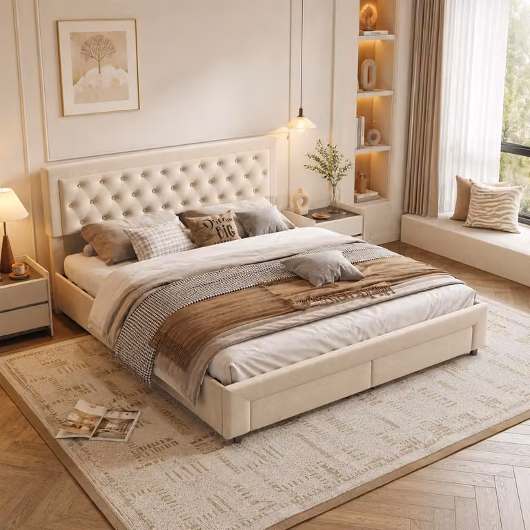 INONEFT, Letto imbottito idraulico 160x200 cm, letto matrimoniale con 2 cassetti, struttura a molle con rete a doghe, senza materasso, rivestito in velluto color beige