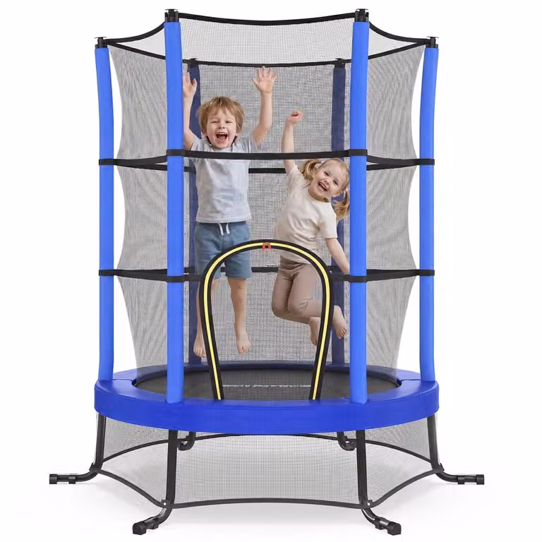 Trampolino per bambini con recinto di protezione e tappeto sicurezza, Blu