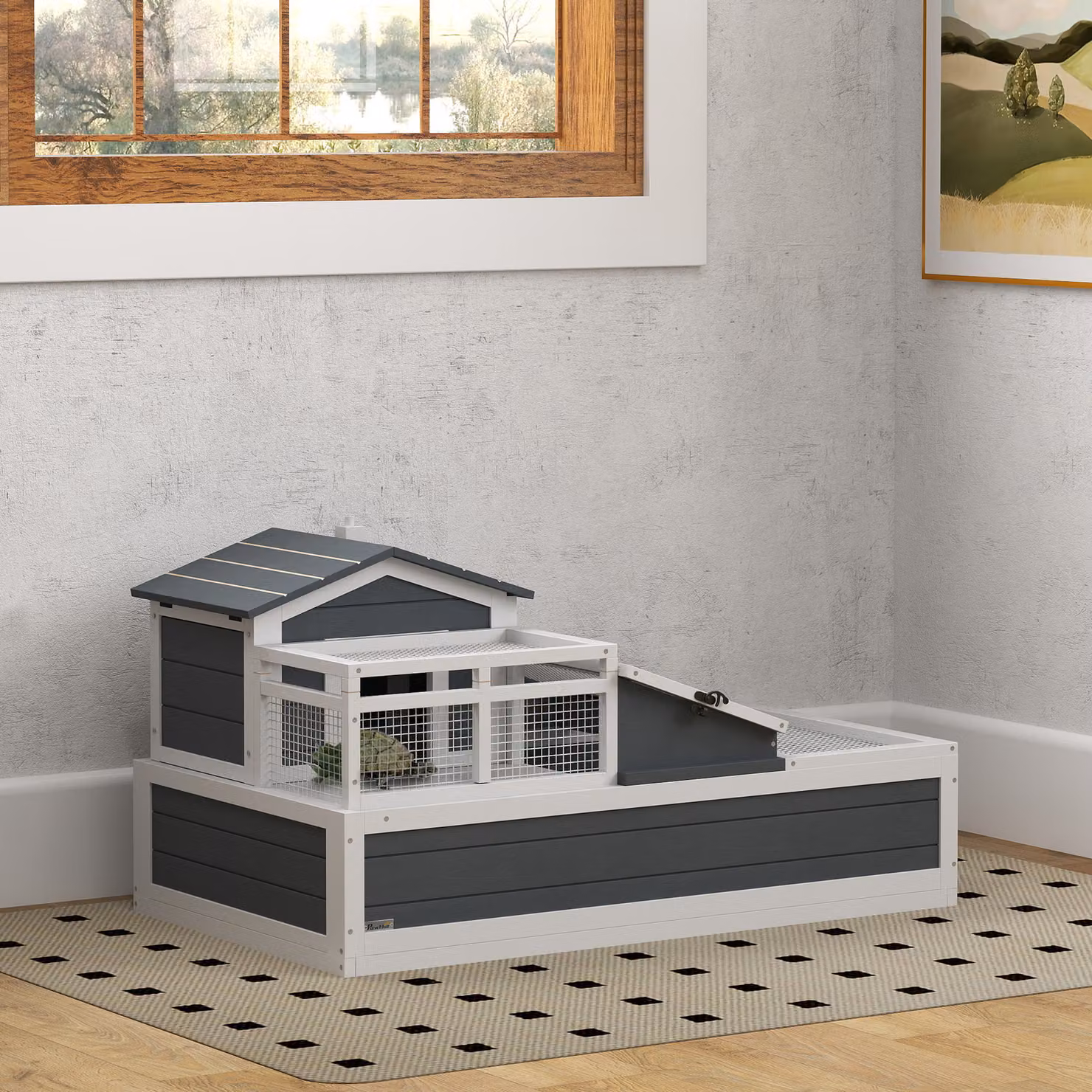 Casa per tartarughe PawHut Aosom in legno di abete grigio con 2 livelli, ideale per interno ed esterno, giardino o balcone – 2