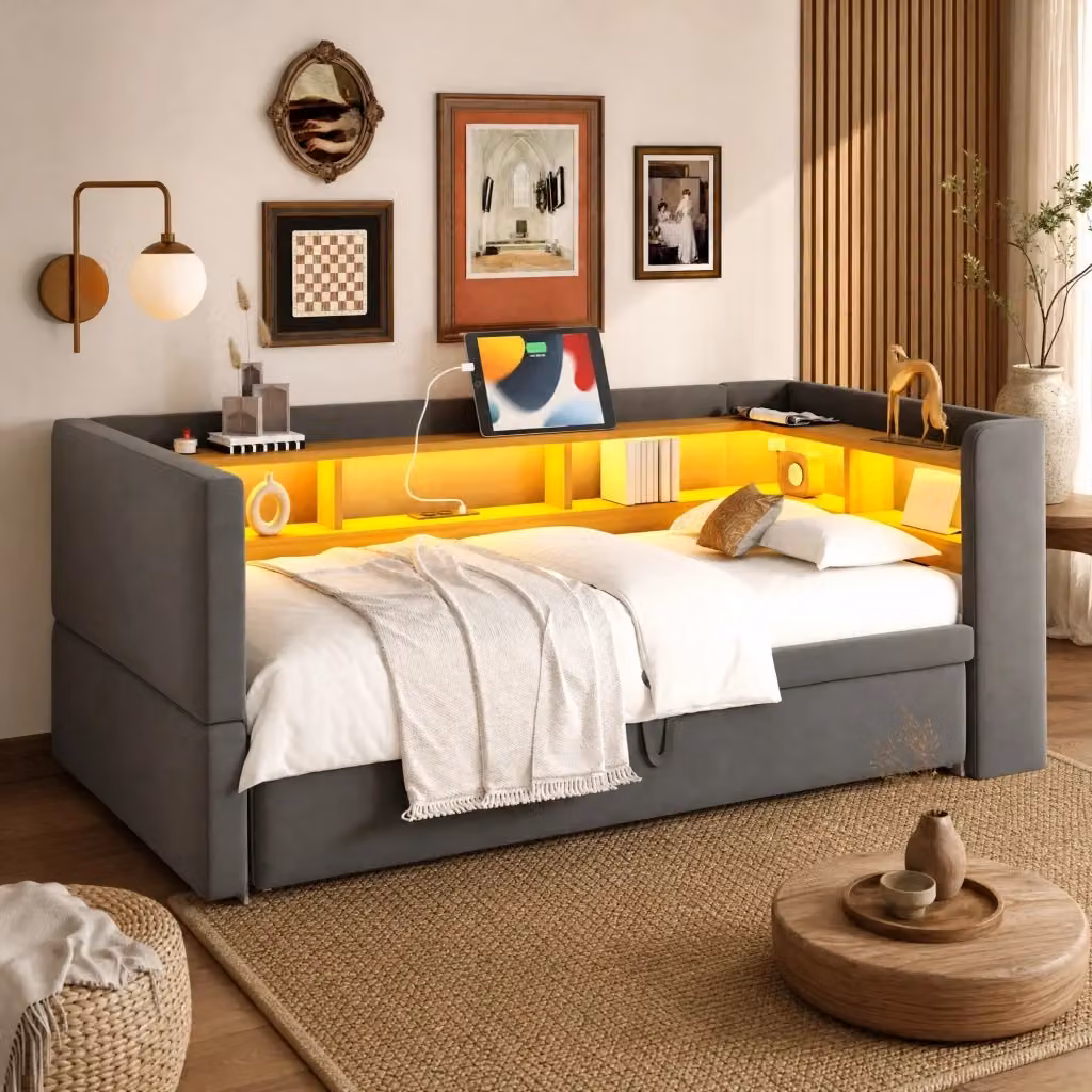 Divano letto REDOM in tessuto grigio con illuminazione LED e ricarica USB, L/P/H: 190 x 90 x 80 cm – 2