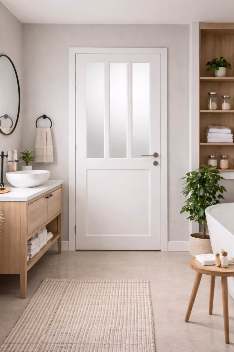 Bloc porte atelier bianco con vetro depoli H204 x L73 cm, lato tavolo P. destro, maniglia Pomerol Gd, GD MENUISERIES