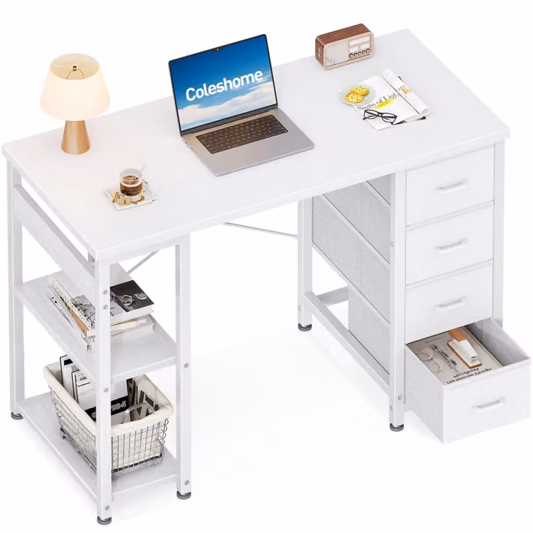 Piccola scrivania con 4 cassetti, dimensioni 100x40 cm, colore bianco, ideale per l'ufficio domestico
