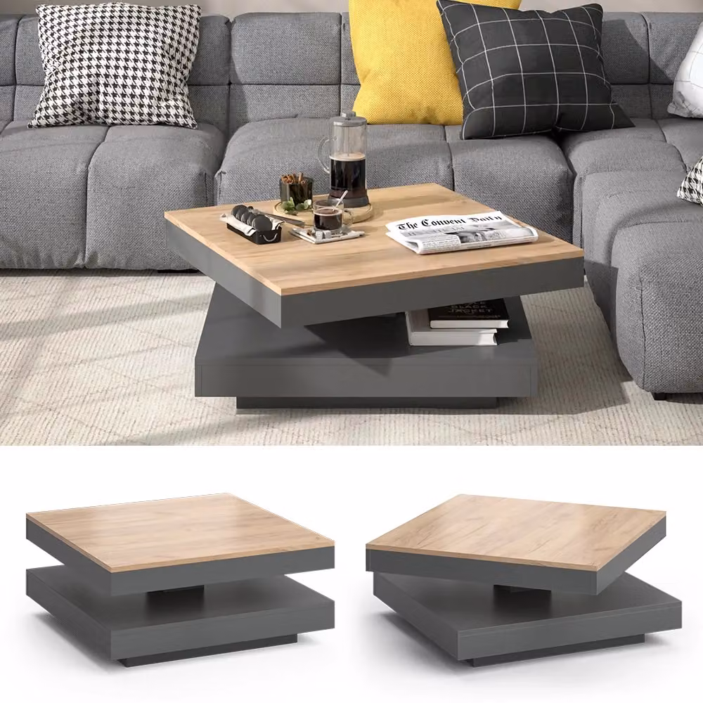 Tavolino da caffè Elias Vicco Antracite e Beige con piano rotante L/P: 70 x 70 cm, H: 34 cm – 2