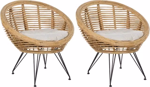 Set di 2 sedie BELIANI in rattan e metallo con cuscini in cotone beige stile boho per giardino, terrazzo o balcone