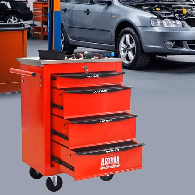 Carrello portautensili OKWISH in acciaio con 4 cassetti, ruote e serratura, colore rosso e nero, L: 62.5 cm, P: 34.5 cm, H: 78 cm – 1
