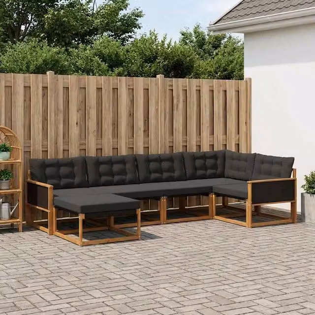 Set di divani da esterno a L vidaXL in legno di acacia con cuscini, colore marrone e nero