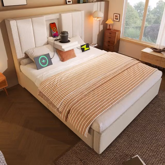 Letto contenitore Mivray in lino beige con sollevamento idraulico, ricarica USB e USB-C, L/P/H: 90 x 200 x 115 cm