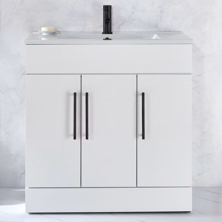 Mobile Bagno a Terra Bianco da 810mm con Lavabo e Maniglie Nere con Barra a T - Cluo