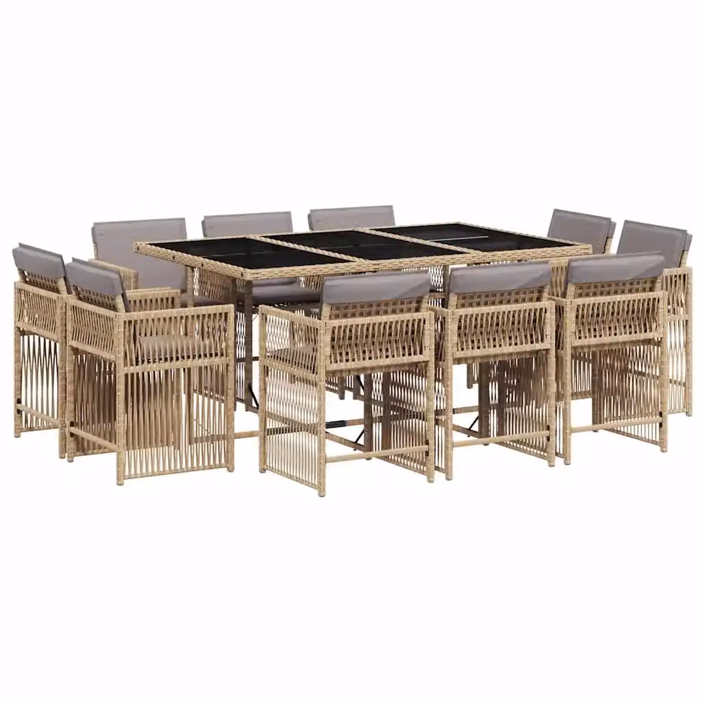 Set Pranzo da Giardino vidaXL 11 pz in Polyrattan con Cuscini Beige e Grigio e Tavolo in Vetro – 2