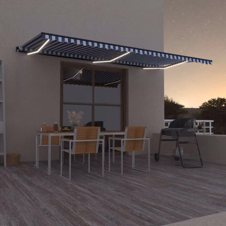 vidaXL Tenda da Sole Retrattile Manuale con LED in Poliestere e Alluminio, L: 600 cm, P: 300 cm, Colore Blu e Bianco