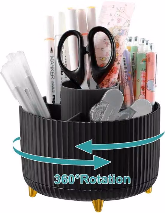 Organizer da scrivania, organizer da scrivania girevole a 360 gradi, penne stilografiche, 5 scomparti per penne stilografiche, macchine da scrivere, fermagli, appunti, organizer da scrivania economico (nero)