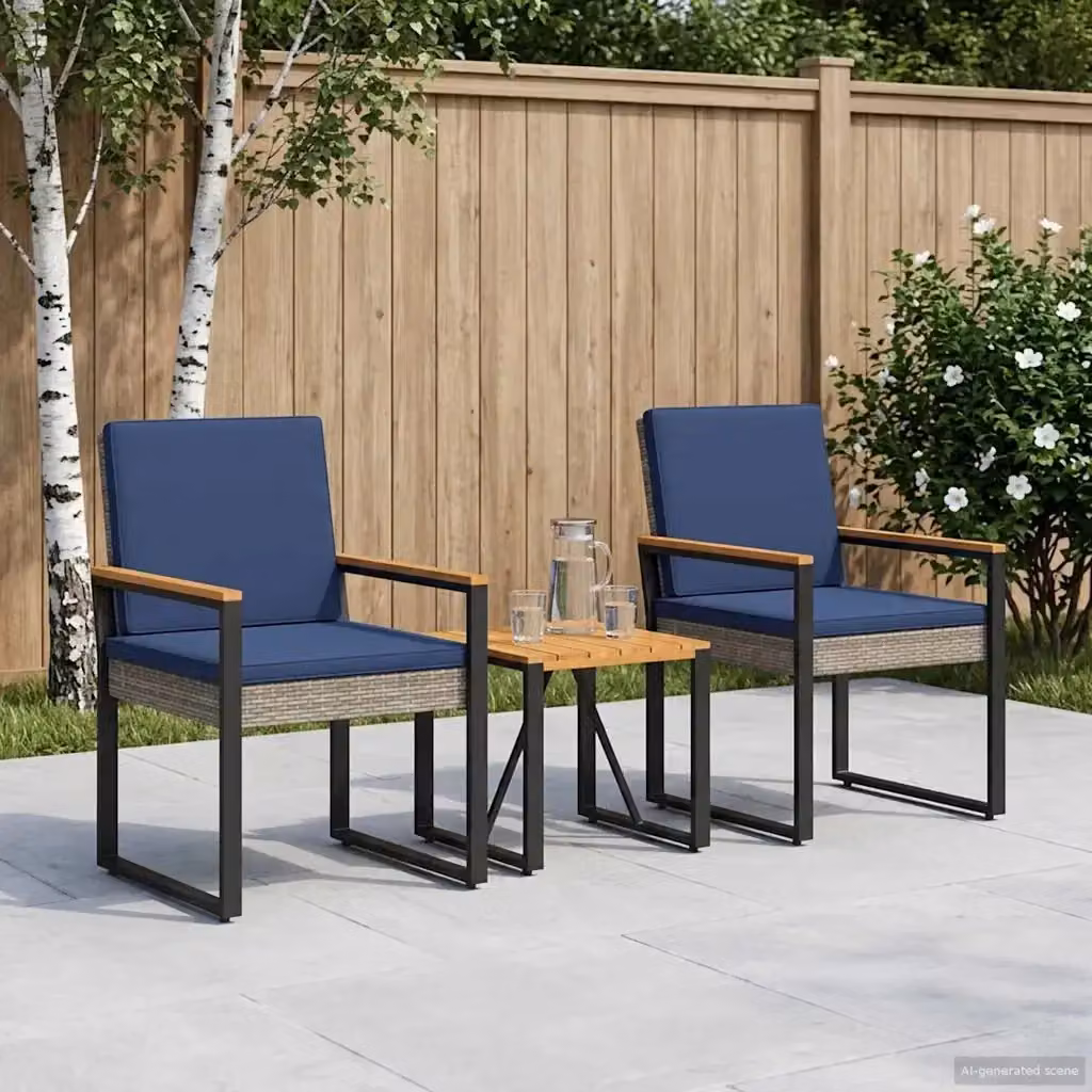 Set Salotto da Giardino 3 Pezzi in Polyrattan con Legno di Acacia Oliato Grigio e Blu Navy – 2