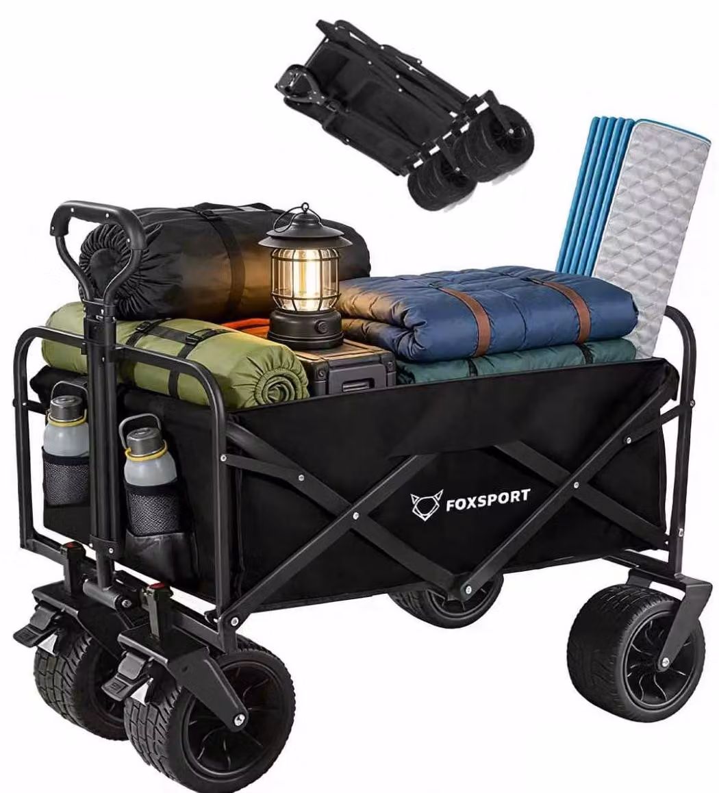 FOXSPORT Carrello a mano pieghevole, carrello a mano fino a 100 kg di portata, con maniglia regolabile, carrello da giardino per spiaggia, giardino, shopping, 94 x 58 x 59 cm, nero