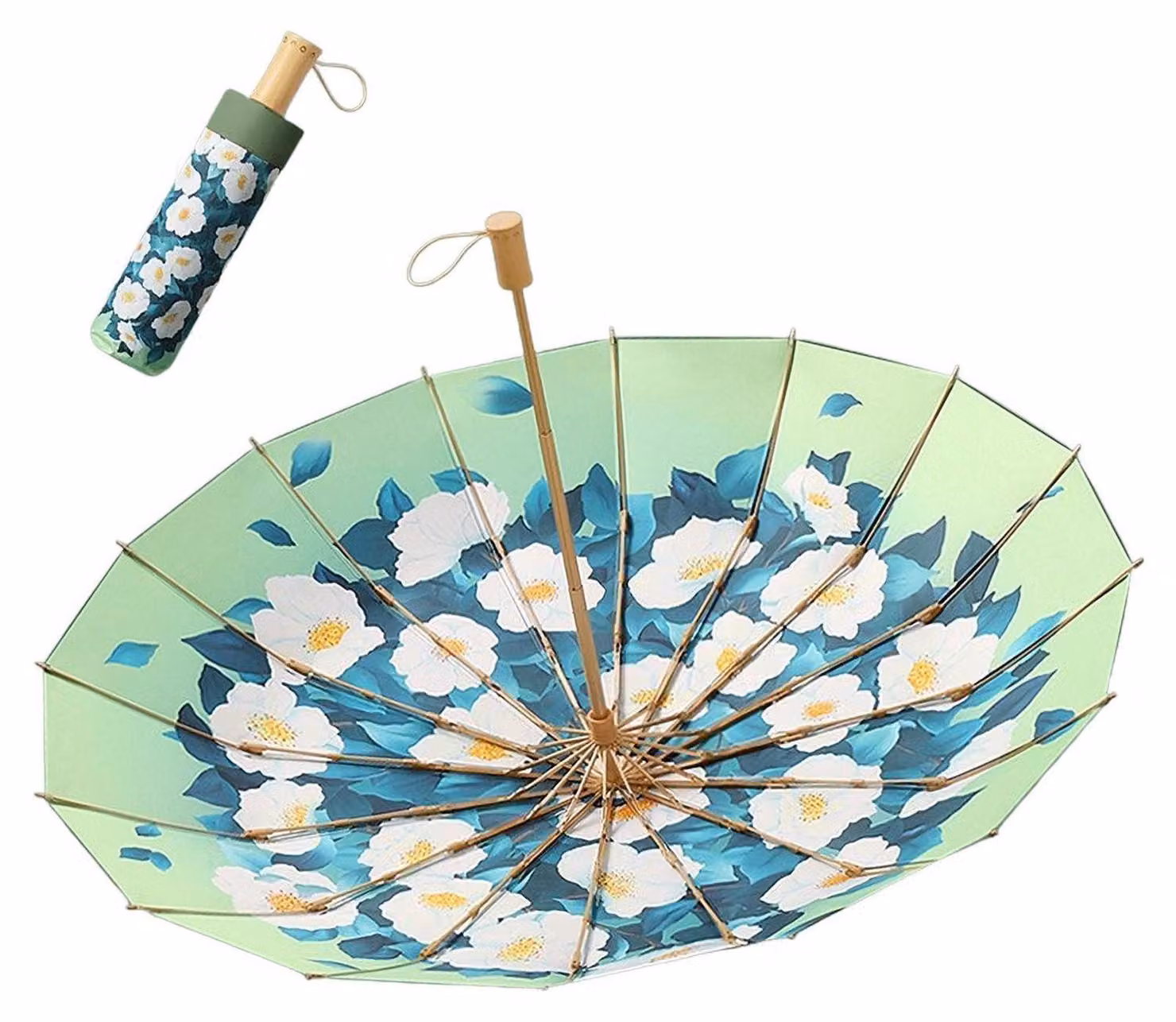 Ombrello pieghevole con protezione UV, fattore di protezione UPF 50+, con 16 stecche e decorazione a forma di fiore di orchidea