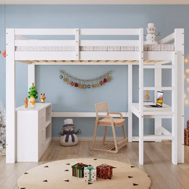 Letto a soppalco singolo bianco con scrivania, cassettiera, scaffale e scala a quattro gradini in legno e MDF, dimensioni 90 x 200 cm