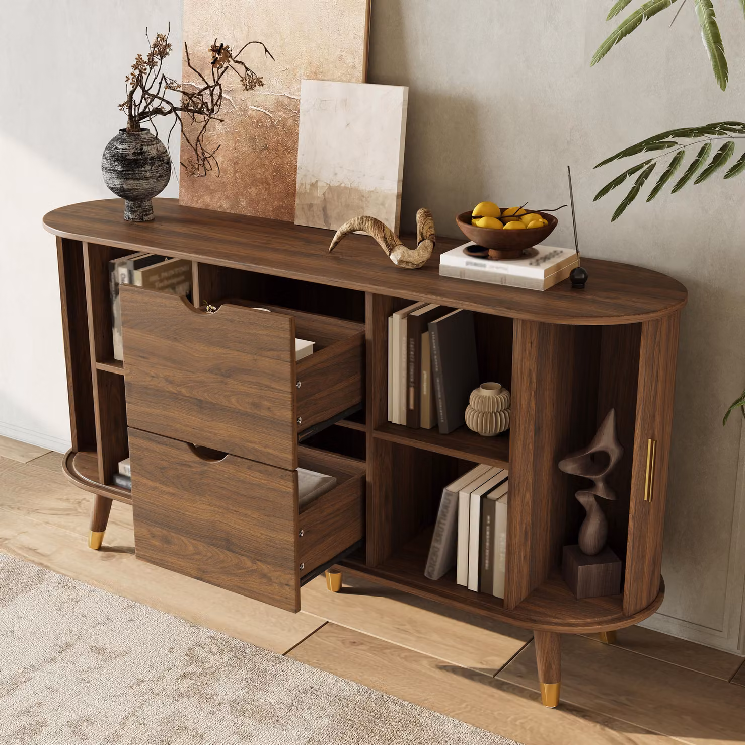 MODFU, mobile contenitore da 140 cm, con 2 ante scorrevoli e 2 cassetti, contenitore con gambe in legno massello, ideale per il soggiorno, finitura noce