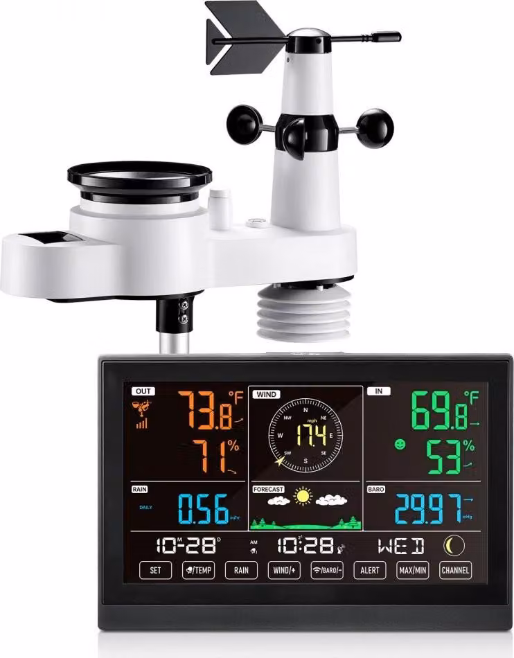 stazione meteorologica 5-in-1 con display da 7,5 pollici, sensore solare esterno, pluviometro - Per previsioni del tempo, visualizzazione della temperatura, umidità, velocità e direzione del vento - Non è necessaria la WLAN
