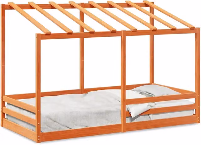 Letto per bambini con struttura a casetta in legno massello di pino, colore marrone cera, L 80 cm x P 200 cm