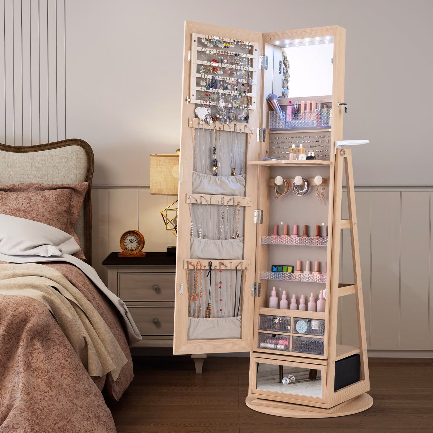 Armadietto portagioie girevole a 360° Costway con specchio lungo e luci LED in legno disponibile in bianco, marrone o beige
