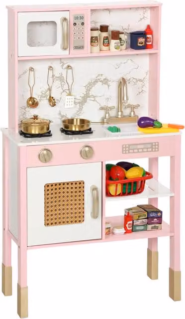 Cucina Giocattolo in Legno XYLO Rosa con Suoni, Accessori e Verdure da Tagliare