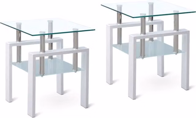 Set di 2 Tavolini a Cubo in Vetro Temperato Trasparente Bianco con 2 Ripiani e Spazio Contenitivo
