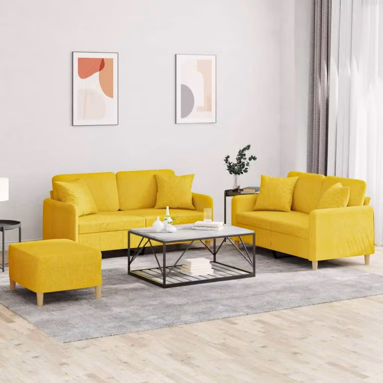 Set di divani 3 pezzi vidaXL in tessuto giallo con cuscini e struttura in metallo e MDF per soggiorno