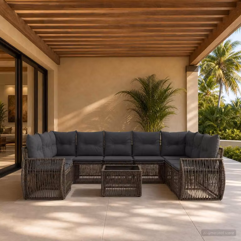 Set Divano da Giardino vidaXL 10 Pezzi a Forma di U in Polyrattan Grigio e Antracite con Tavolino e Cuscini Imbottiti