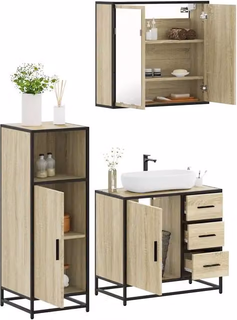 Set Mobili da Bagno 3 pz Rovere Sonoma in Legno Multistrato 3300956