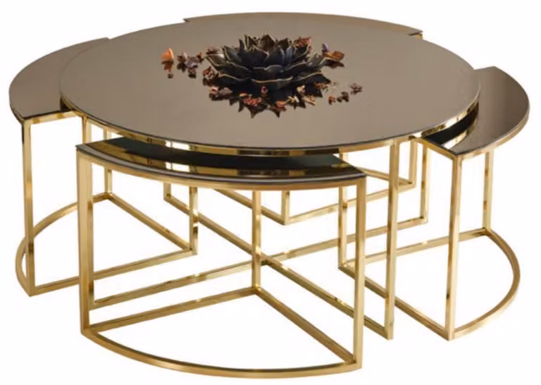 Tavolino da salotto moderno rotondo, dorato, elegante e confortevole, in metallo