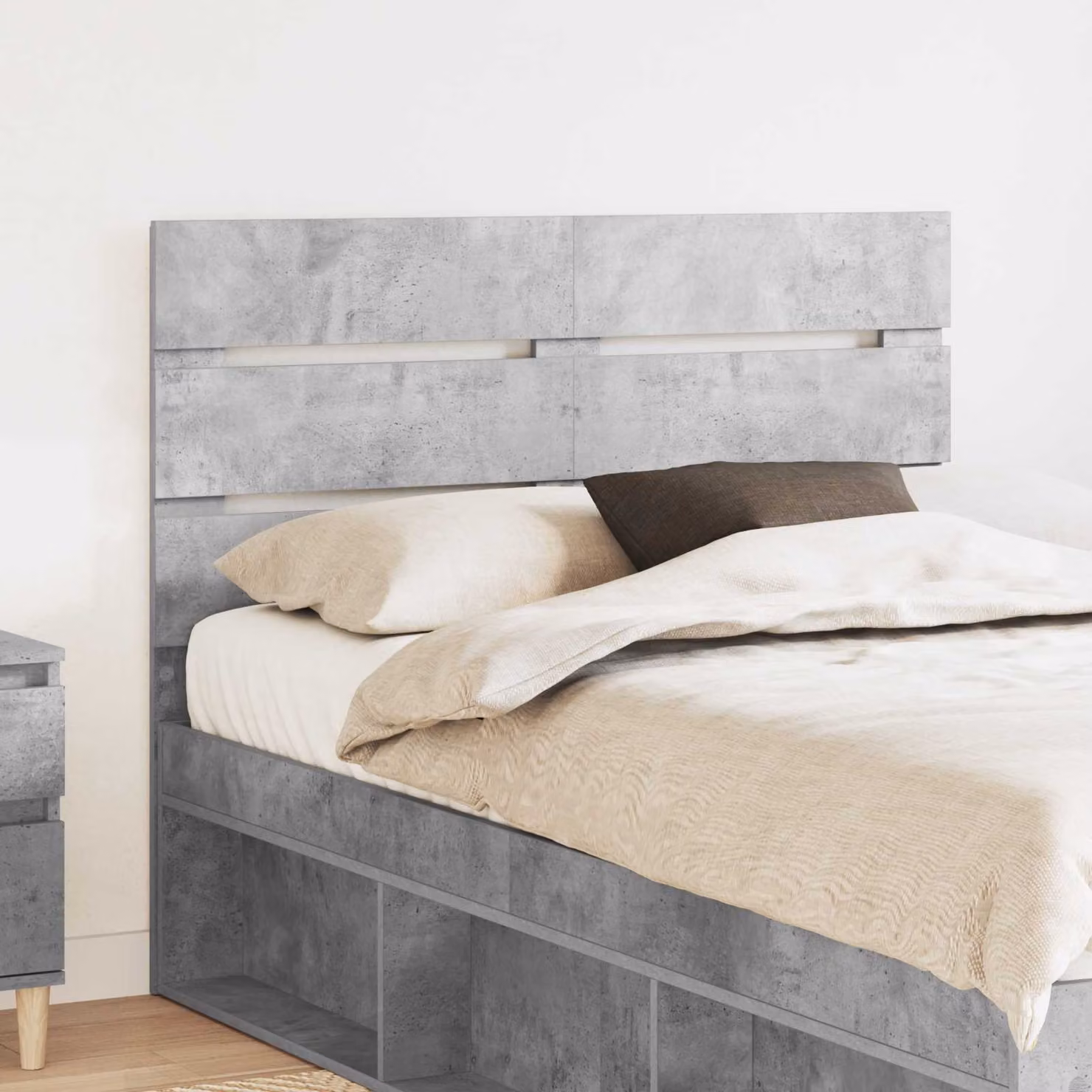 Testiera per letto moderna vidaXL in legno ingegnerizzato, colore grigio cemento, L: 138 cm, H: 100 cm, P: 10 cm