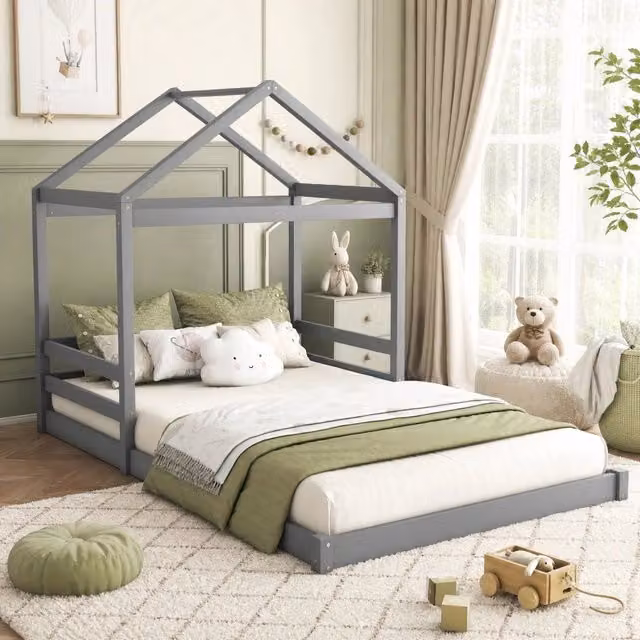 Letto a casetta per bambini 140 x 200 cm in pino e MDF con rete a doghe; grigio (senza materasso)