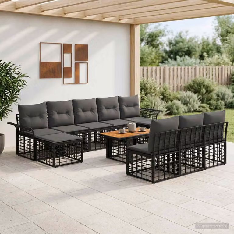 Set Divano da Giardino Moderno vidaXL 11 pz in Polyrattan e Legno di Acacia Nero e Grigio