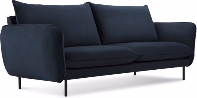 Divano 2 posti Vienna di Cosmopolitan Design in velluto blu scuro con struttura in metallo e cuscini inclusi L: 160 cm, H: 95 cm, P: 80 cm