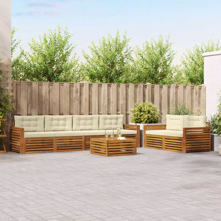 vidaXL Set di divani da esterno a L composto da 7 pezzi con tavolo da caffè, in legno di acacia trattato, colori beige, bianco e marrone