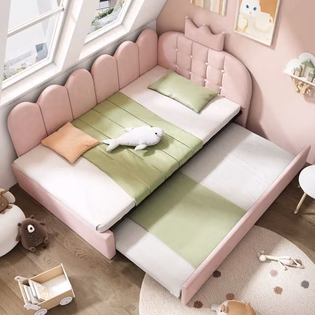 Letto da giorno a L 90x200 cm con letto estraibile 90x190 cm; velluto rosa; design a corona
