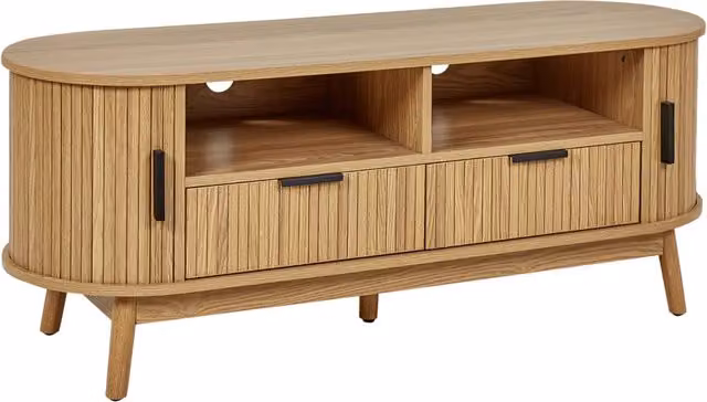 Porta TV Legno chiaro Gambe in legno massiccio MDF 2 ante scorrevoli 2 cassetti 2 ripiani Mobile Soggiorno