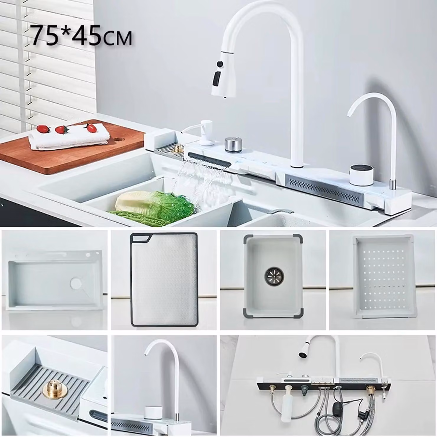 Lavello da cucina modello "Waterval" – Acciaio inossidabile 304 – Bianco – Vasca singola – Display digitale – Set di rubinetti – Dispenser per sapone