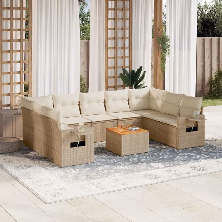 Set Divano da Giardino vidaXL 10 pz in Polyrattan con Cuscini Beige e Tavolino da Esterno