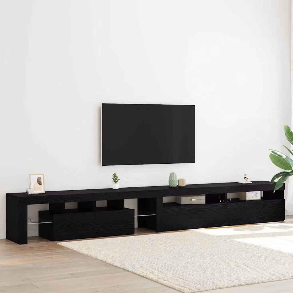 Mobile TV stand vidaXL moderno in legno ingegnerizzato e vetro, colore nero e rovere, con illuminazione integrata e scomparti multimediali, L: 290 cm, P: 40 cm, H: 36,5 cm