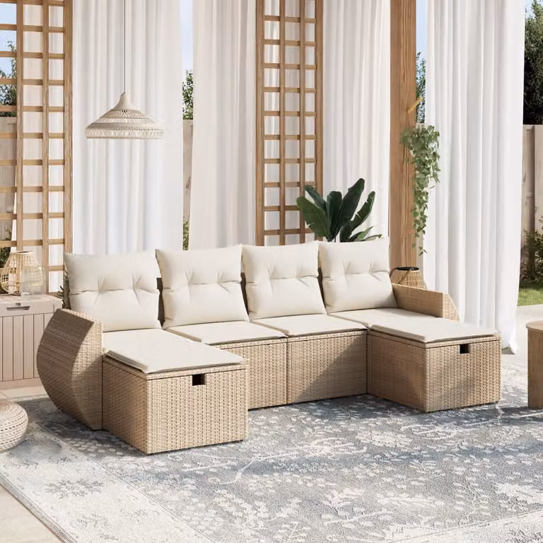 vidaXL Set Divano da Giardino a L 6 pz con Cuscini Beige e Ottoman in Polyrattan e Metallo