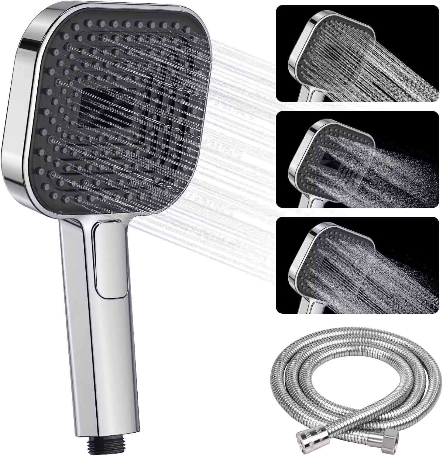 Doccia da bagno, diametro 135 mm, con 3 getti, finitura cromata, inclusa una tubazione da 1,5 metri, ideale per il bagno