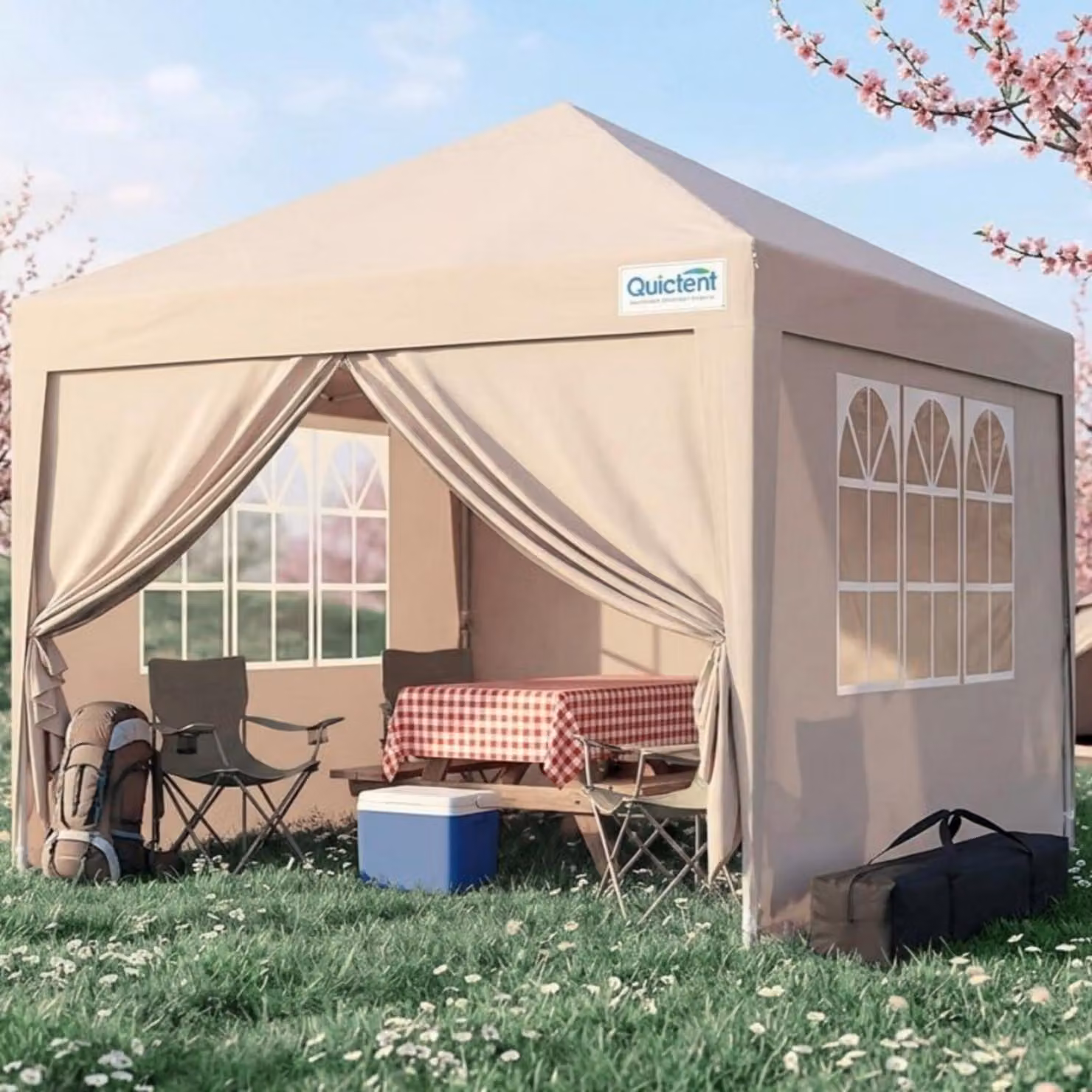 Gazebo da esterno 3x3 metri, impermeabile, con pareti laterali, protezione UV 50+, struttura in acciaio, colore beige