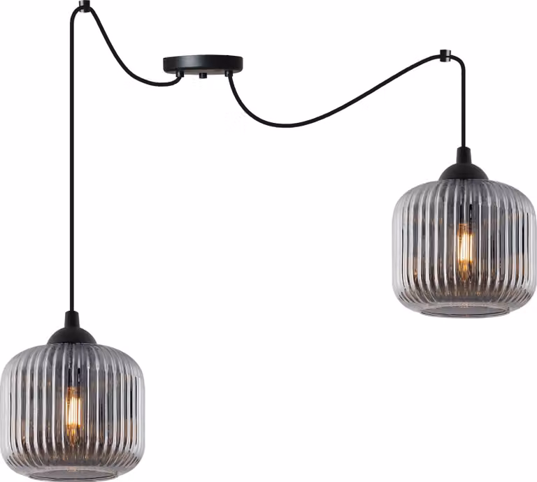 Lampada a sospensione RIFFLE a ragno, nera, a 2 luci, cilindro in vetro grigio, E27