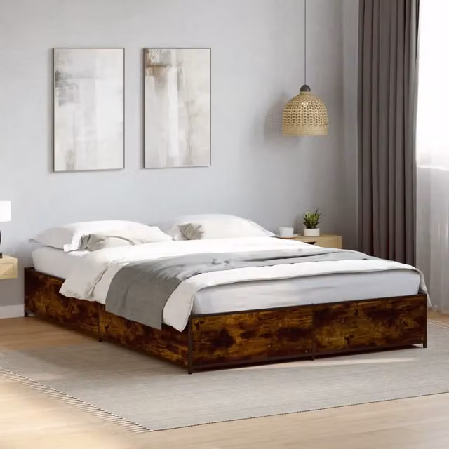 Letto Giroletto vidaXL in Rovere Fumo e Metallo, L/P/H: 140 x 203 x 29 cm – 1