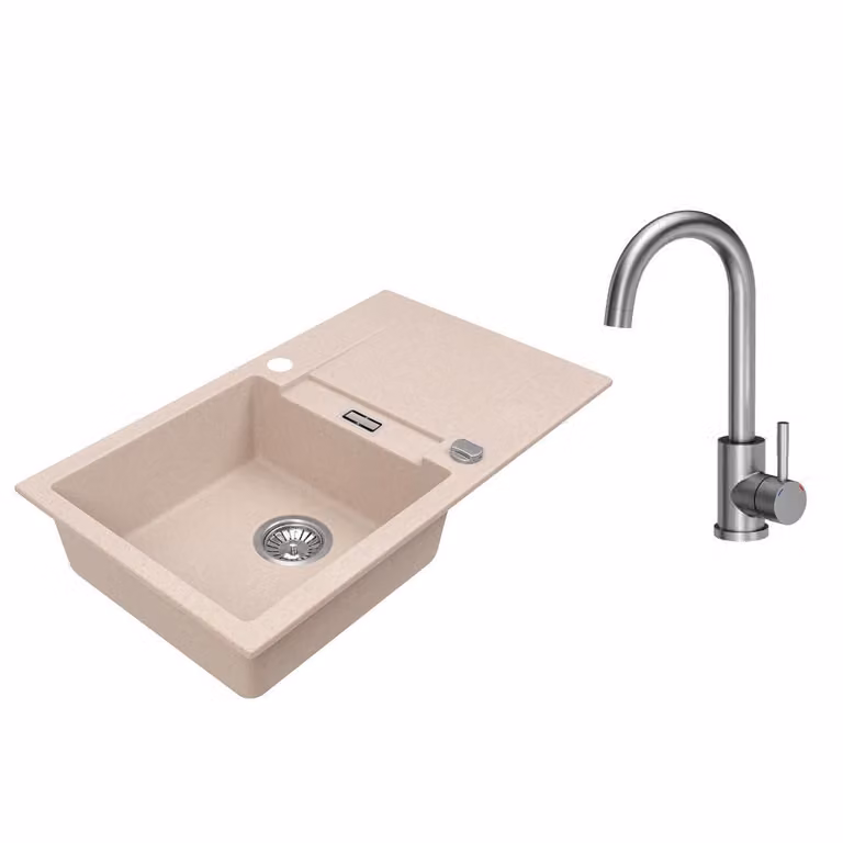 VBChome Lavello in granito 76 x 44 cm Beige con rubinetto Lavello da incasso a vasca singola Reversibile Speckled Lavello di facile manutenzione con sifone
