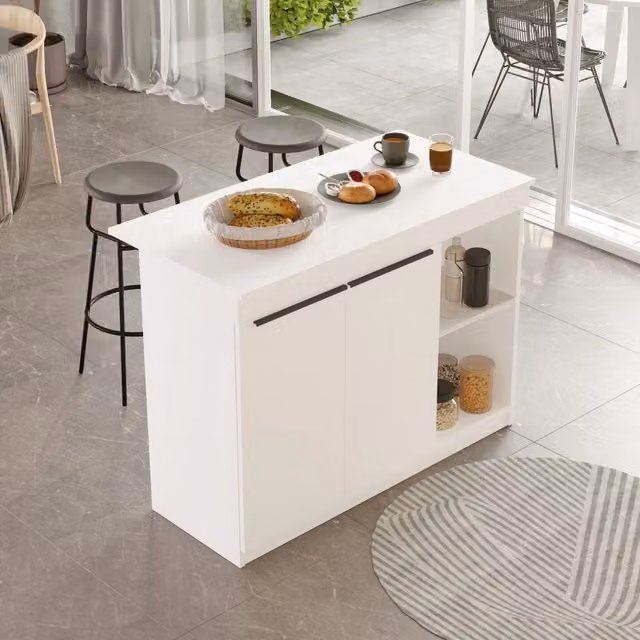 Isola da cucina DMORA Corsico con 2 ripiani e ante a battente, Bianco, L: 120 cm, P: 60 cm, H: 88 cm