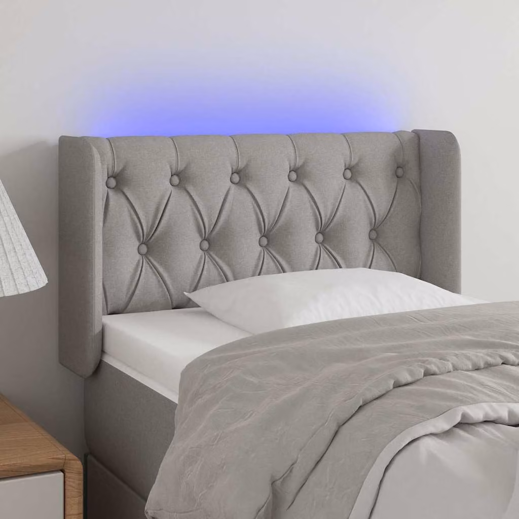 Testiera per letto vidaXL in tessuto grigio chiaro con illuminazione LED e porta di ricarica USB, L: 83 cm, P: 16 cm, H: 78-88 cm
