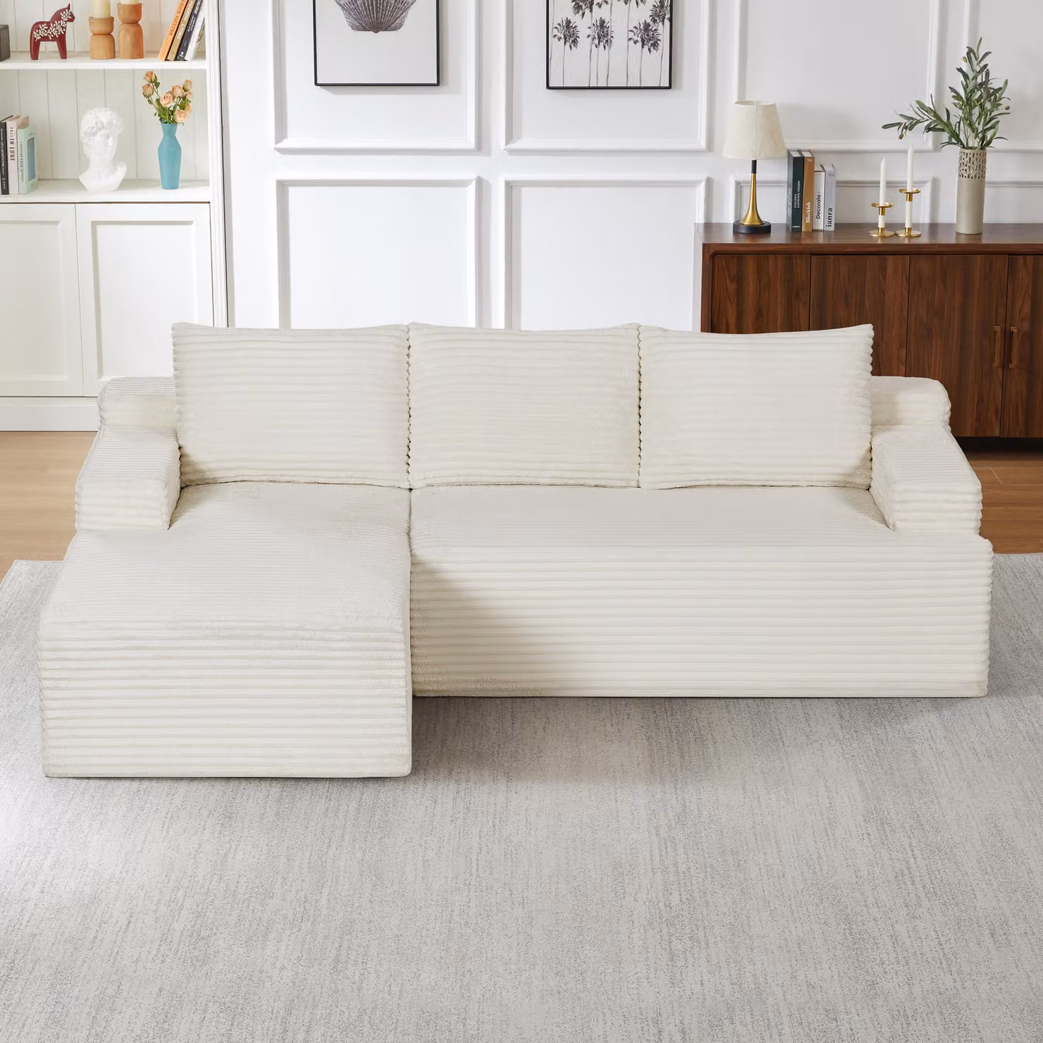 Divano letto a forma di L, divano angolare modulare Cloud con profondo comfort di seduta, imbottitura in schiuma e molle insacchettate, rivestito in tessuto corduroy, senza necessità di montaggio