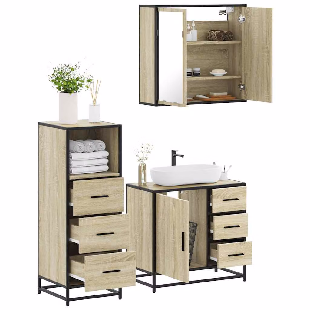 Set di mobili da bagno industrial vidaXL in legno e metallo marrone con specchio e illuminazione LED, composto da 3 pezzi