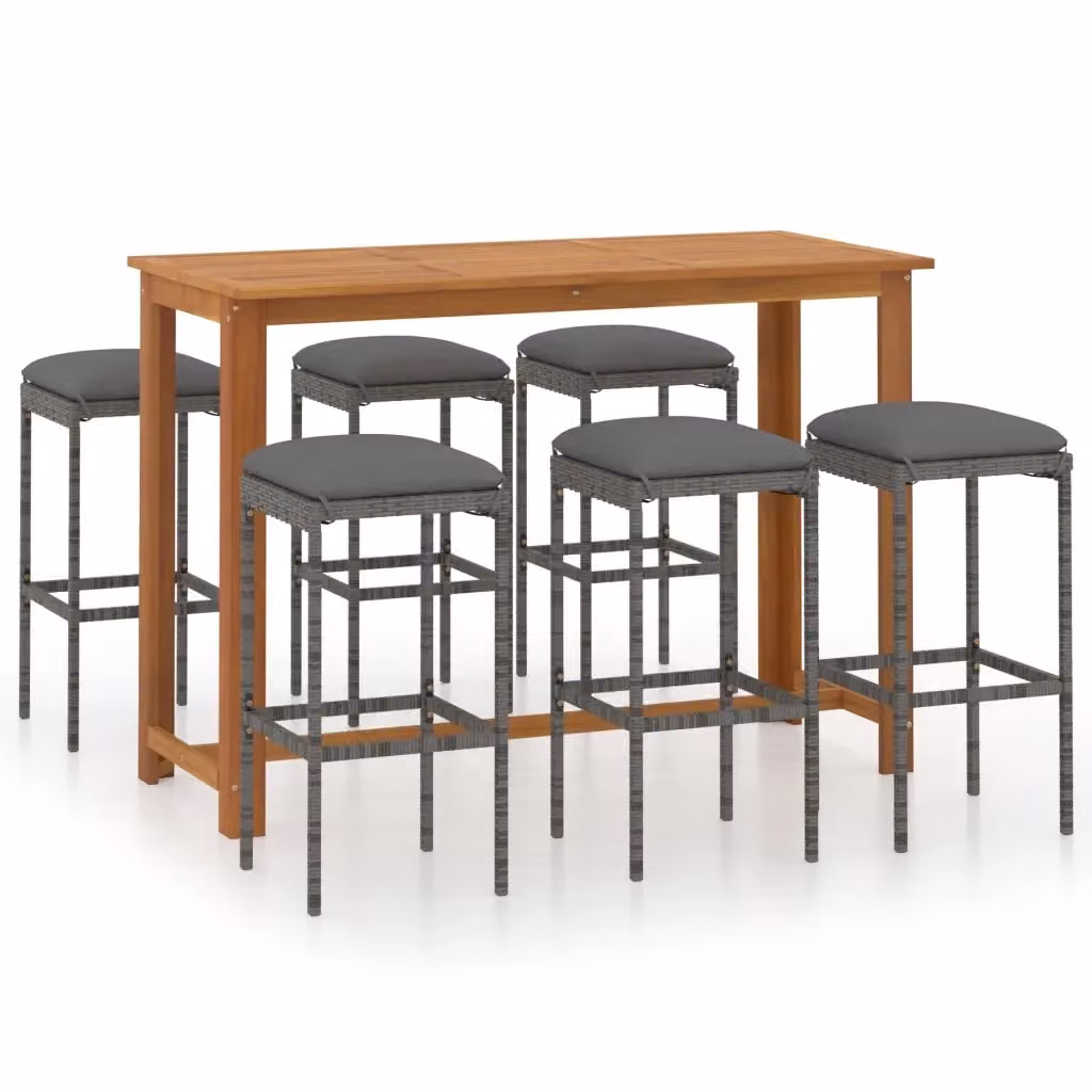 Set da Bar da Giardino vidaXL in Polyrattan e Legno di Acacia con 7 Cuscini, Colore Grigio Antracite e Marrone – 2